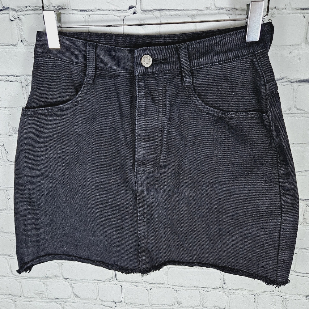 J GALT | button fly denim frayed/raw hem jean skirt